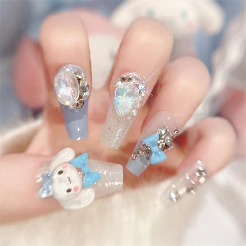 Cartoon Press on Nails Long Square Nails 24Pcs Cute Fake Nails with Glitter Gems Design Extra Large Gems Nail Rhinestones Stick on Nails Full Cover False Nails for Women Girls DIY Cute Nails Press ons