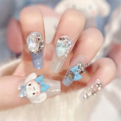 Cartoon Press on Nails Long Square Nails 24Pcs Cute Fake Nails with Glitter Gems Design Extra Large Gems Nail Rhinestones Stick on Nails Full Cover False Nails for Women Girls DIY Cute Nails Press ons