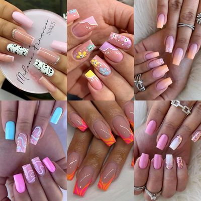 6 Packs (144 Pcs) Press on Nails Medium, Misssix Short Fake Nails Square Glue on Nails Set with Adhesive Tabs Nail File for Women