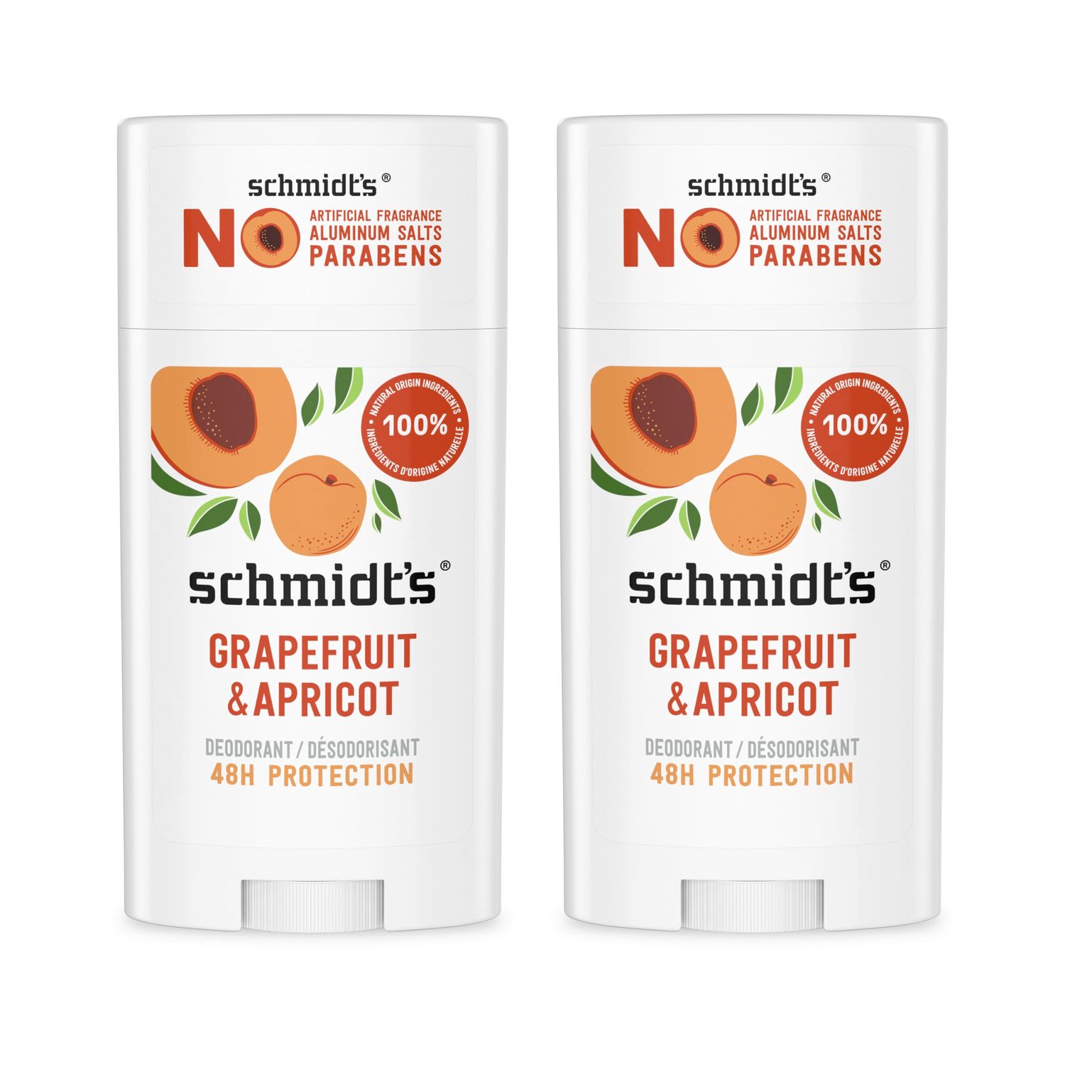 Schmidts Aluminum-Free Vegan Deodorant Grapefruit &amp; Apricot with 24-Hour Odor Protection, 2 Count for Women and Men, Natural Ingredients, Cruelty-Free 2.65 oz