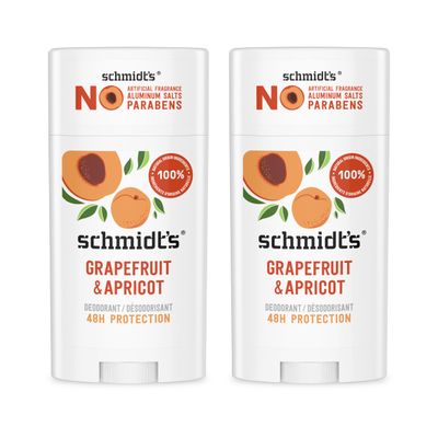 Schmidts Aluminum-Free Vegan Deodorant Grapefruit &amp; Apricot with 24-Hour Odor Protection, 2 Count for Women and Men, Natural Ingredients, Cruelty-Free 2.65 oz