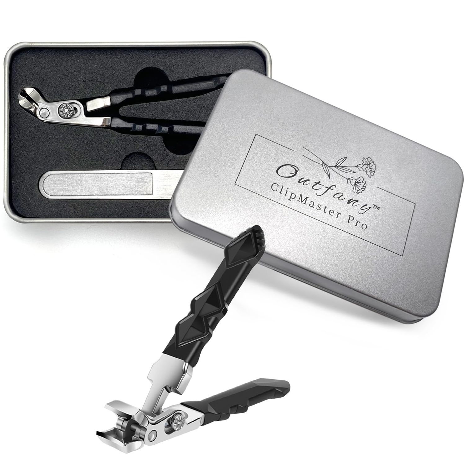 Outfany ClipMaster Pro Nail Clippers Angled Head Nail Clippers for Seniors - Ergonomic Toenail Clipper for Thick Nails, Premium Steel Nail Cutter Trimmer with Catcher for Men and Women - Black