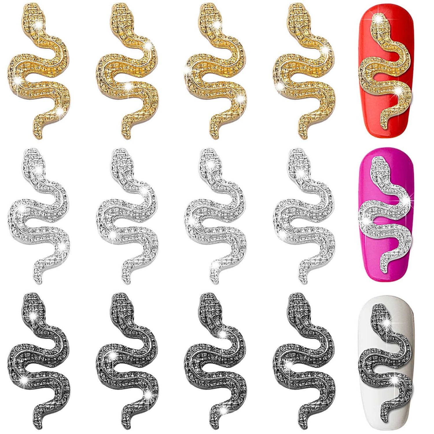12 Pcs 3D Snake Nail Charms with Rhinestones Alloy Metal Snake Wave Crystal Nail Charm Art Jewelry Accessories Gold Silver Black for Art Decoration DIY