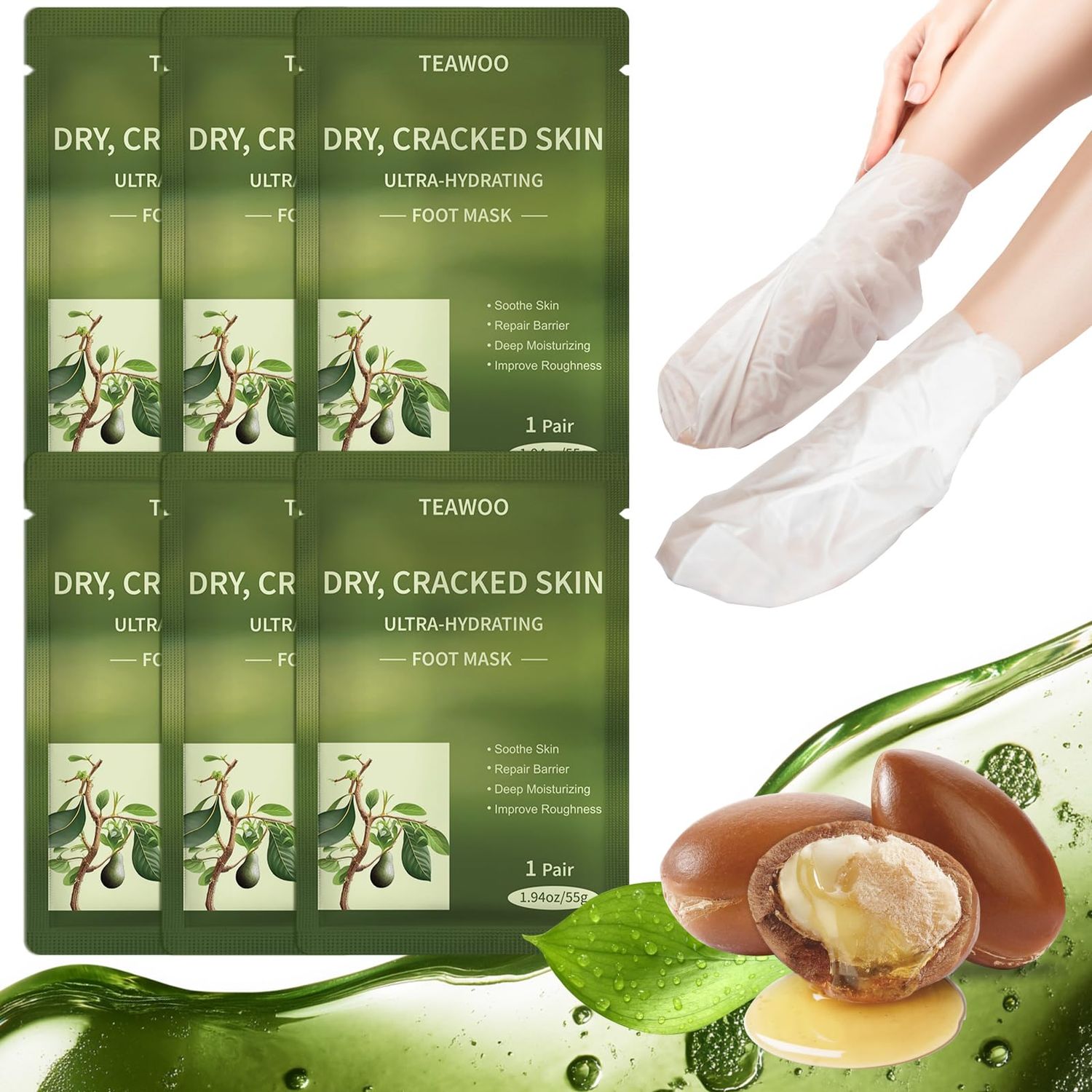 TEAWOO 6 Pairs Moisturizing Foot Masks with Shea Butter, Jojoba Oil, Vitamin E &amp; Urea, 6 Pairs Intensely Hydrating Foot Mask For Dry Cracked Feet, Moisturizing Socks for Cracked Heel Treatment