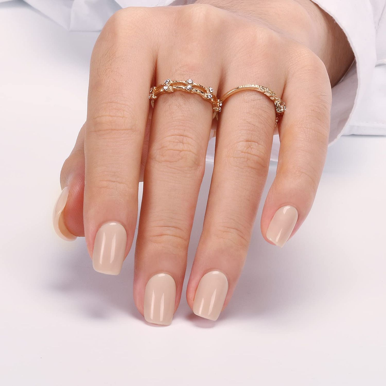 Polychrome&amp;air Press On Nails- Vanilla Glaze | Short Squoval Solid Nude Press On Nails | 15 Sizes 30 Opaque Glossy Soft Gel False Nails | Reusable Fake Nails with Glue On Nails Kit | Salon Quality