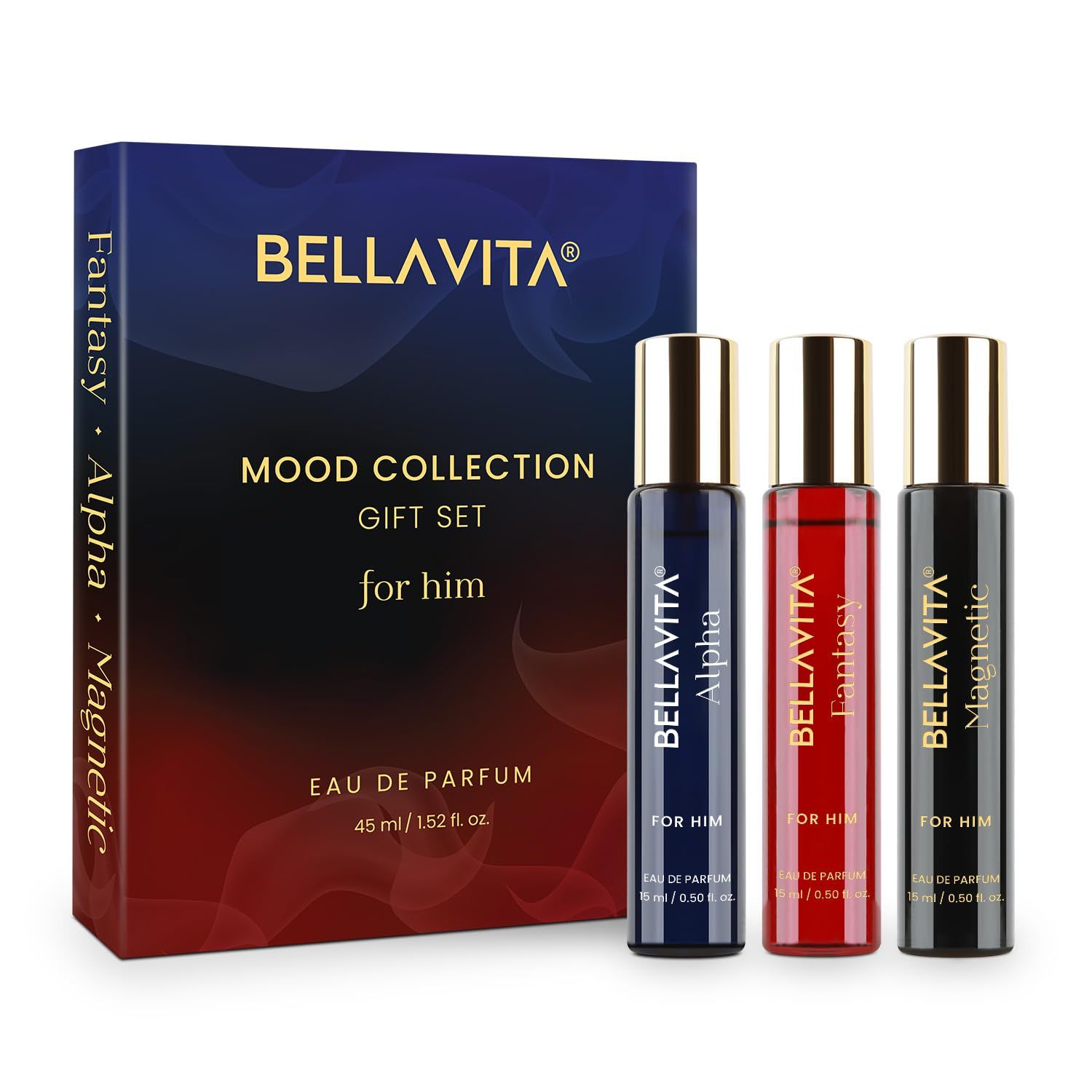 BellaVita Luxury Mood Collection Gift Set (3x15ml) for Men | Pheromone Inspired Technology Long Lasting Fragrance | Includes Alpha, Fantasy &amp; Magnetic Perfumes | Woody, Vanilla, Benzoin and Cedarwood