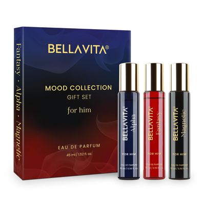 BellaVita Luxury Mood Collection Gift Set (3x15ml) for Men | Pheromone Inspired Technology Long Lasting Fragrance | Includes Alpha, Fantasy &amp; Magnetic Perfumes | Woody, Vanilla, Benzoin and Cedarwood