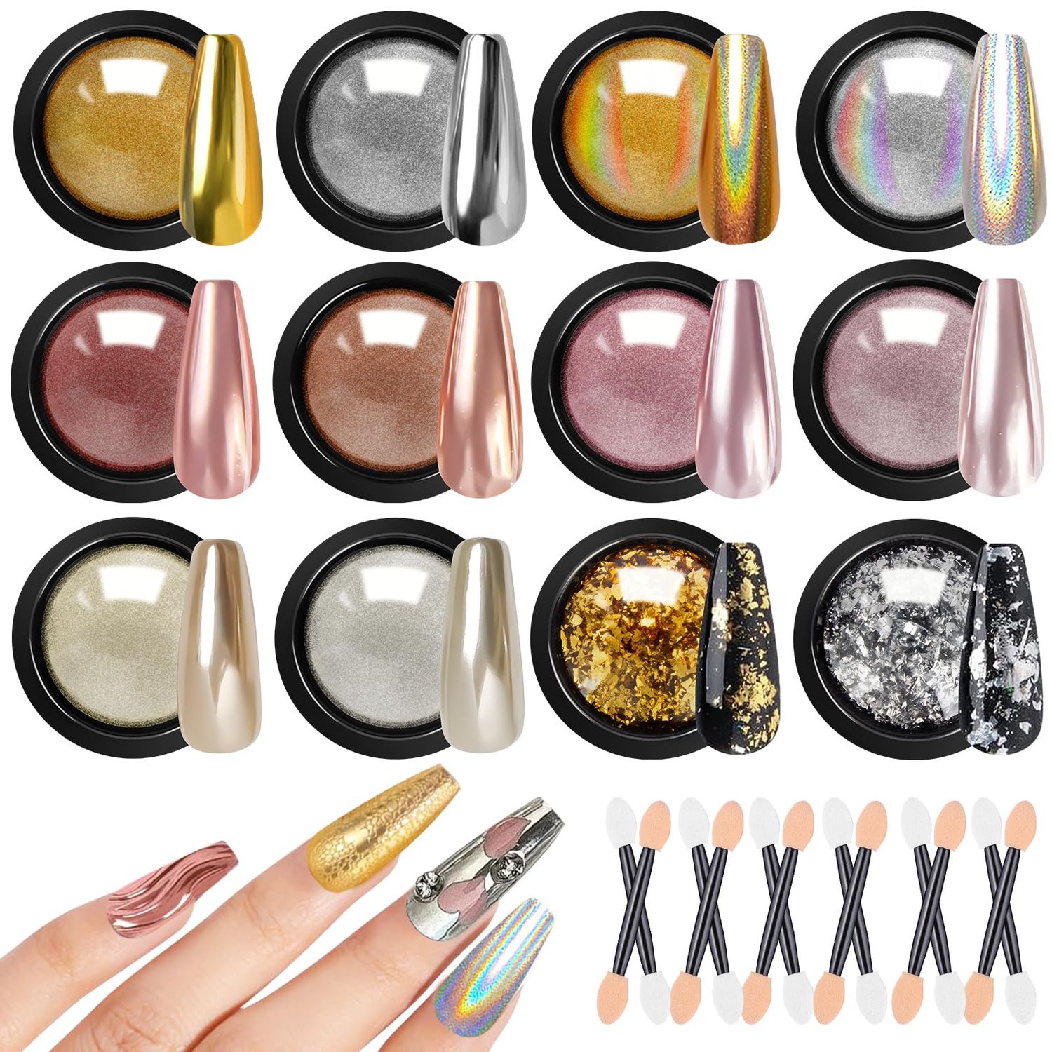 Gold Silver Chrome Nail Powder - 12 Colors Iridescent Holographic Unicorn Powder for Nails - Metallic Mirror Effect Rose Gold Champagne Pigment Glitter Foils Flakes Nail Art