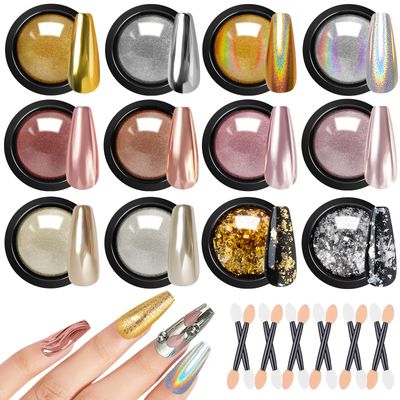Gold Silver Chrome Nail Powder - 12 Colors Iridescent Holographic Unicorn Powder for Nails - Metallic Mirror Effect Rose Gold Champagne Pigment Glitter Foils Flakes Nail Art