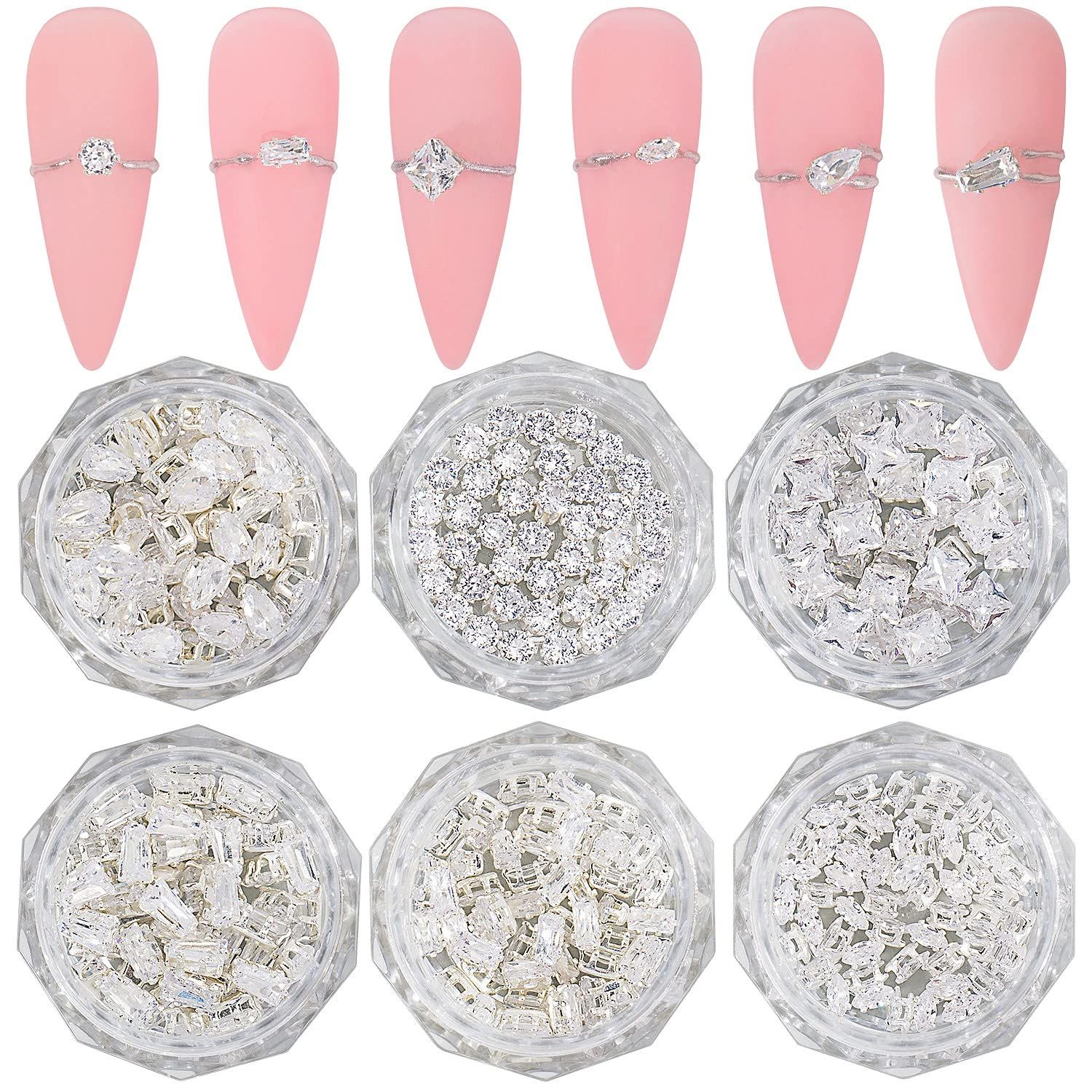 HNUIX 3D Nail Charms and Gems - 120Pcs Copper Metal Zircon, Silver Multiple Shape Smal Crystals Rhinestones, Nail Decorations Accessories for Nails Design