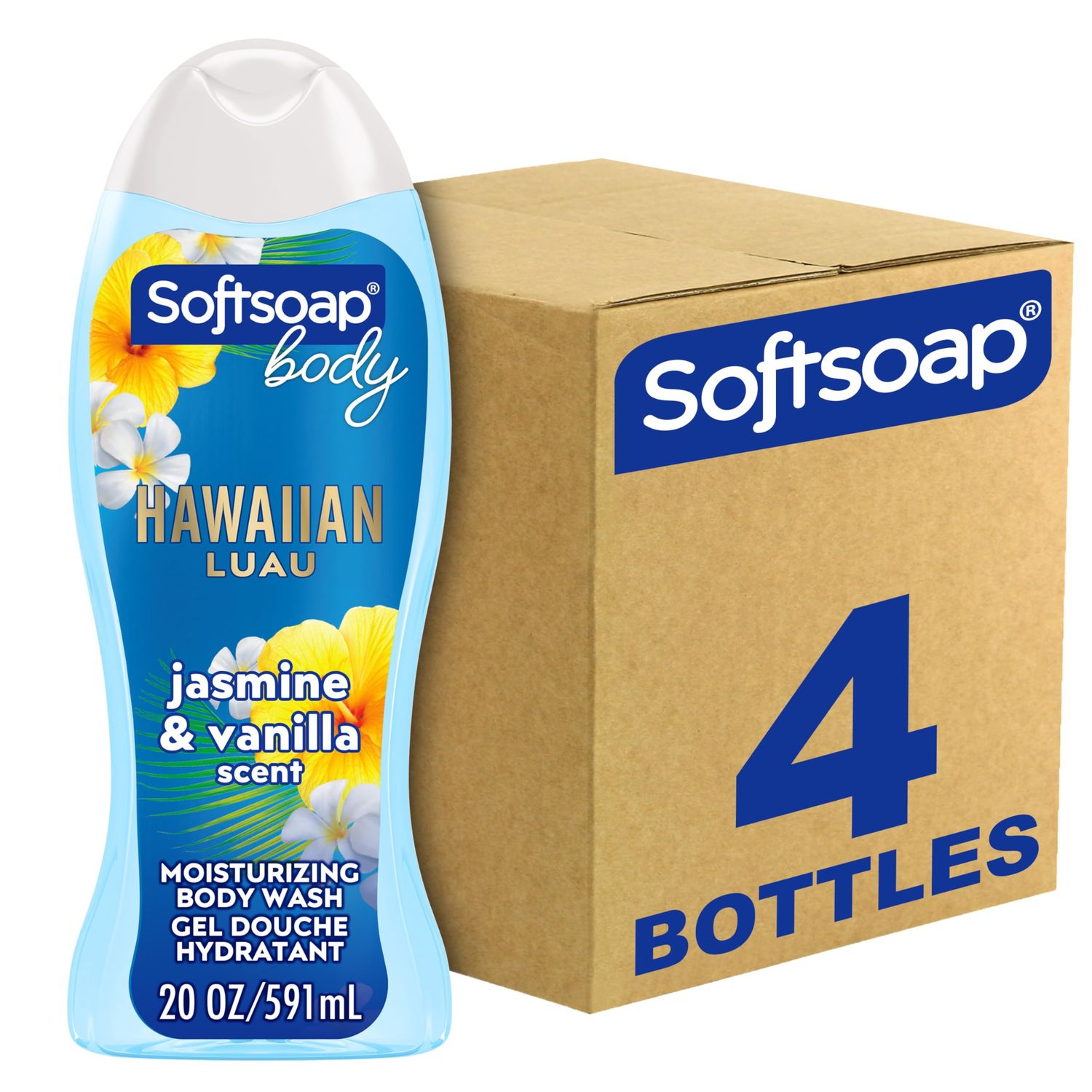 Softsoap Moisturizing Body Wash Hawaiian Luau, Jasmine and Vanilla Scent, 20 oz Bottle, 4 Pack