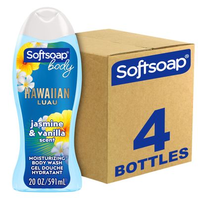Softsoap Moisturizing Body Wash Hawaiian Luau, Jasmine and Vanilla Scent, 20 oz Bottle, 4 Pack