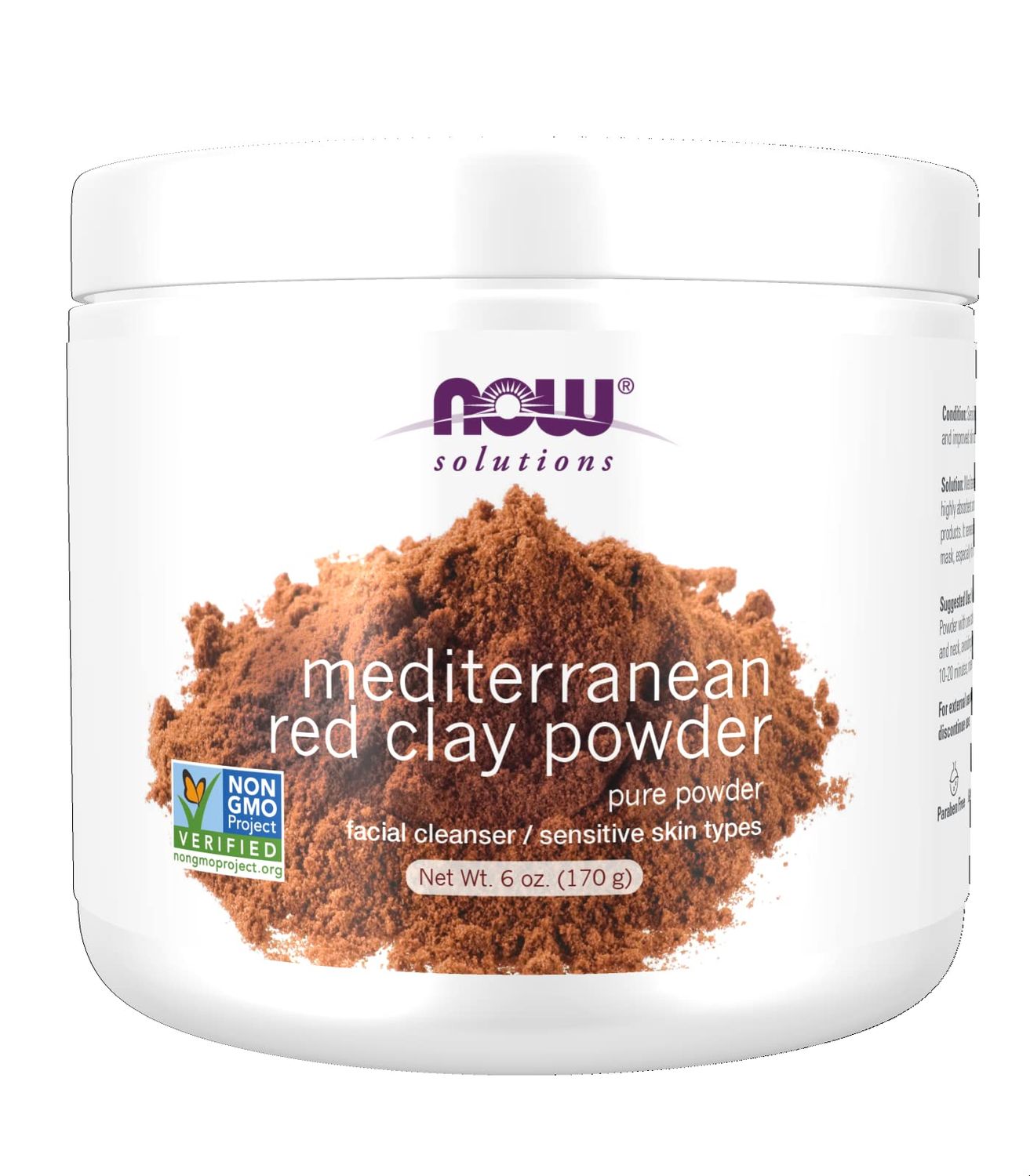 NOW Foods Solutions, Mediterranean Red Clay Powder, Pure Powder for Sensitive Skin Facial Mask, 6-Ounce