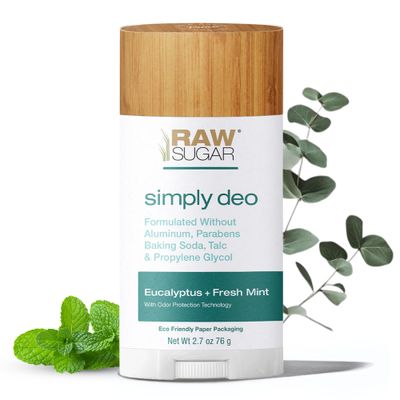 RAW SUGAR Aluminum Free Deodorant Stick, Simply Deo (Pack of 1) Whole Body Deodorant for Women &amp; Men, Clean Formulated without Baking Soda, Talc &amp; Parabens, Eucalyptus Fresh Mint