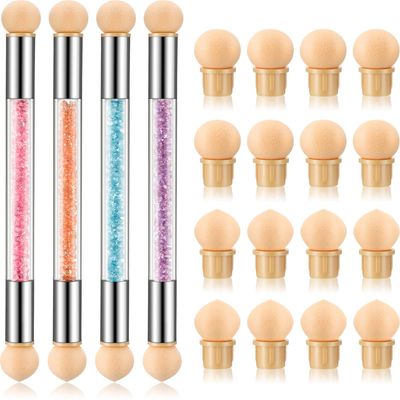 Maitys 4 Pcs UV Gel Gradient Sponges Pens with 16 Pcs Replacement Head Nail Sponges for Ombre Double Head Brush for Nail Art Manicure DIY Tools(Pink, Purple, Champagne, Blue)