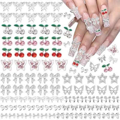 110 Pcs Silver Nail Art Charms, 3D Butterfly Cherry Star Nail Gems and Charms, Multi Styles Shiny Nail Bows and Charms for Acrylic Nails Y2K Women DIY Crafts Accessories