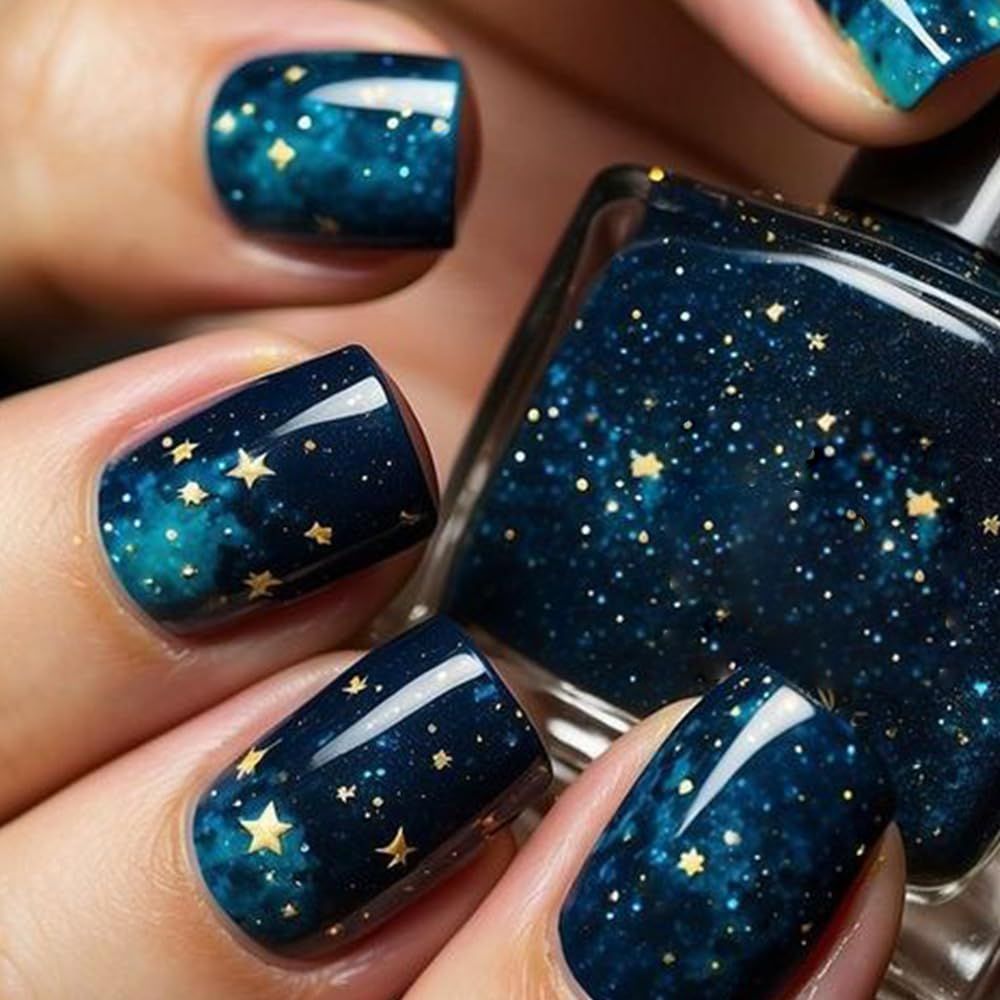 Short Square Press on Nails Dark Blue Fake Nails Gradient Starry Sky Glue on Nails with Gold Star Designs Cute French Acrylic False Nails Short Stick on Nails for Women Nail Art Decorations