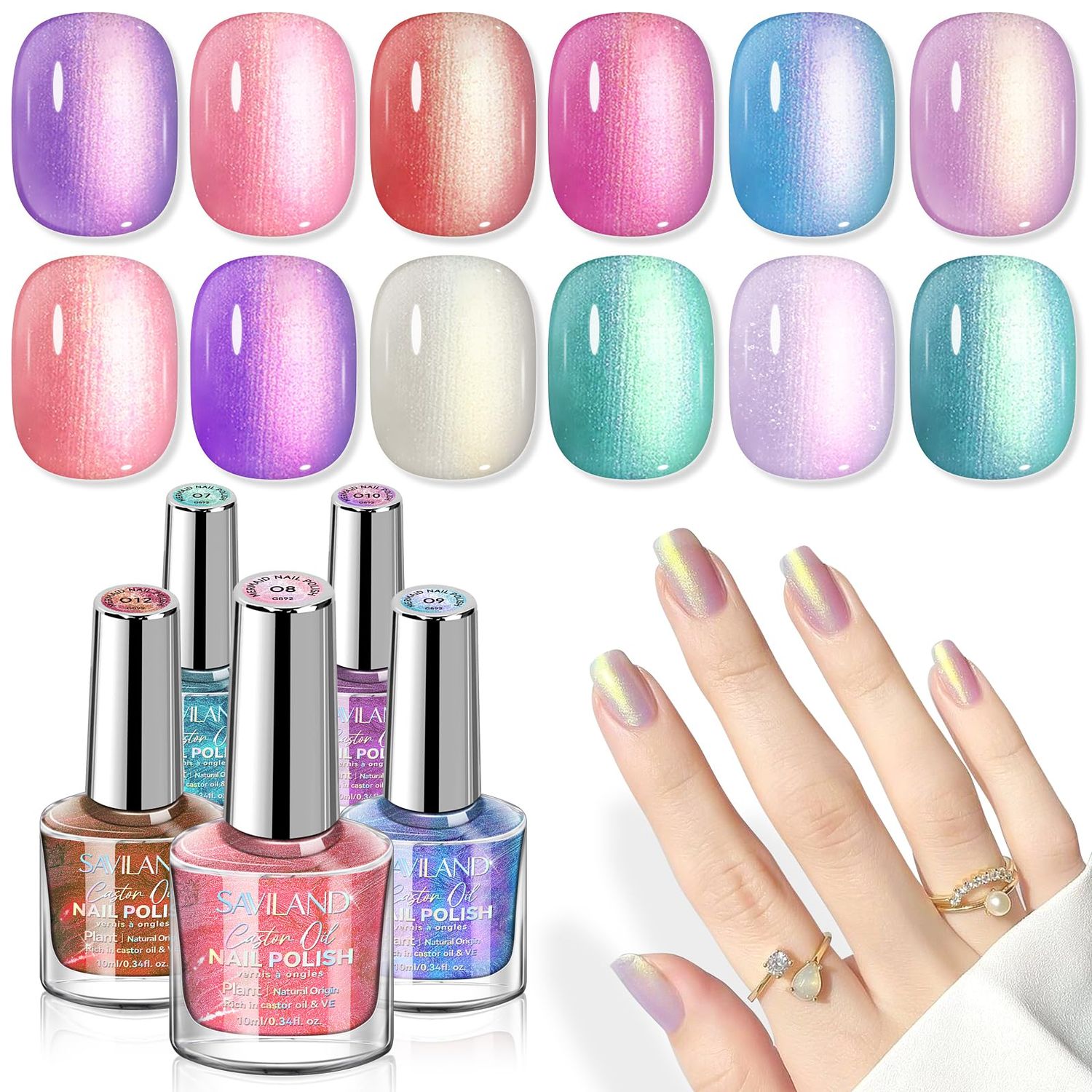 SAVILAND Aurora Nail Polish Set - 12 Shimmer &amp; Holographic Quick-Dry Non-Gel Polish (Glossy, Pearl, Duochrome) with Base &amp; Top Nail Coat, Salon &amp; DIY Essentials for Nail Art