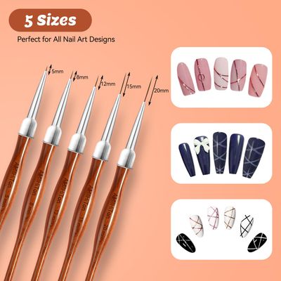 Nail Art Liner Brushes, 5Pcs Wooden Nail Brushes for Fine Drawing & Detailed Nail Art, Gel Polish Painting Tools for Long Lines & Nail Design Sizes 5/8/12/15/20mmWood color