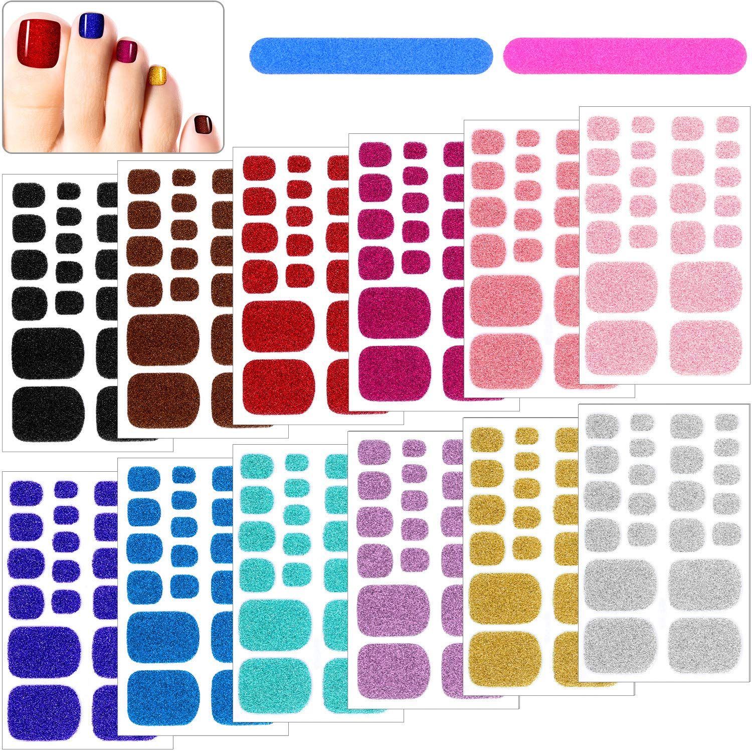 12 Sheets Glitter Toe Nail Wraps Self-Adhesive Toe Nail Polish Stickers Solid Color Nail Art Decals Strips Glittery Manicure Kit with 12 Styles and 2 Pieces Nail Files for Women Girls