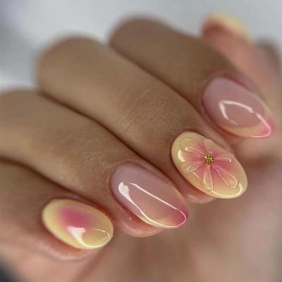 24 Pcs French Tip Press on Nails Short Almond Fake Nails 5D Flower False Nails with Designs Yellow Nail Tips Acrylic Nails Pink Nails Press on Glossy Stick on Nails for Women RIICFDD Nails