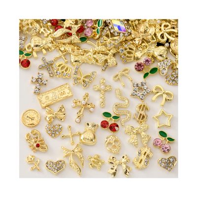 OPMADM 100Pcs Gold Nail Charms and Gems Charms for Nails Design Gold Charms for Nails Metal Bow Cherry Butterfly Cross Heart Star and Flowers