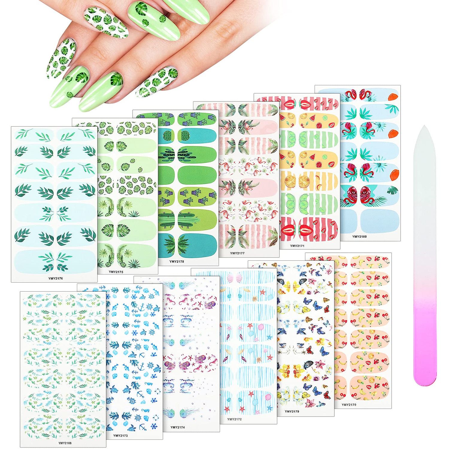 Maitys 168 Pieces 12 Sheets Nail Strips Summer Full Wrap Nail Polish Stickers Wraps Self Adhesive Art Decal Strip with File Manicure Kits for Women DIY