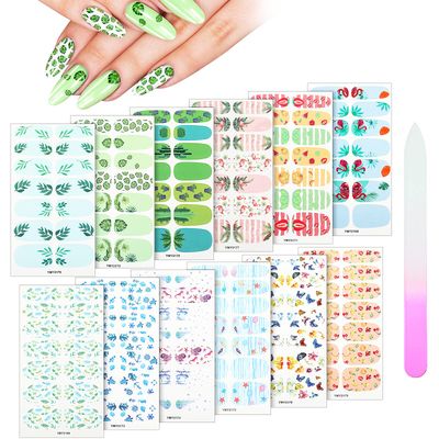 Maitys 168 Pieces 12 Sheets Nail Strips Summer Full Wrap Nail Polish Stickers Wraps Self Adhesive Art Decal Strip with File Manicure Kits for Women DIY