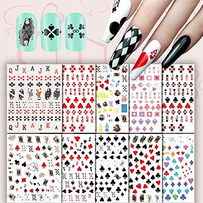 Penugo 10 Sheets Self-Adhesive Poker Nail Art Stickers, Playing Card Pattern Nail Decals for Nail Art DIY Design, Geometric Numbers Letter Style Manicure Decorations Sticker for Women/Girls