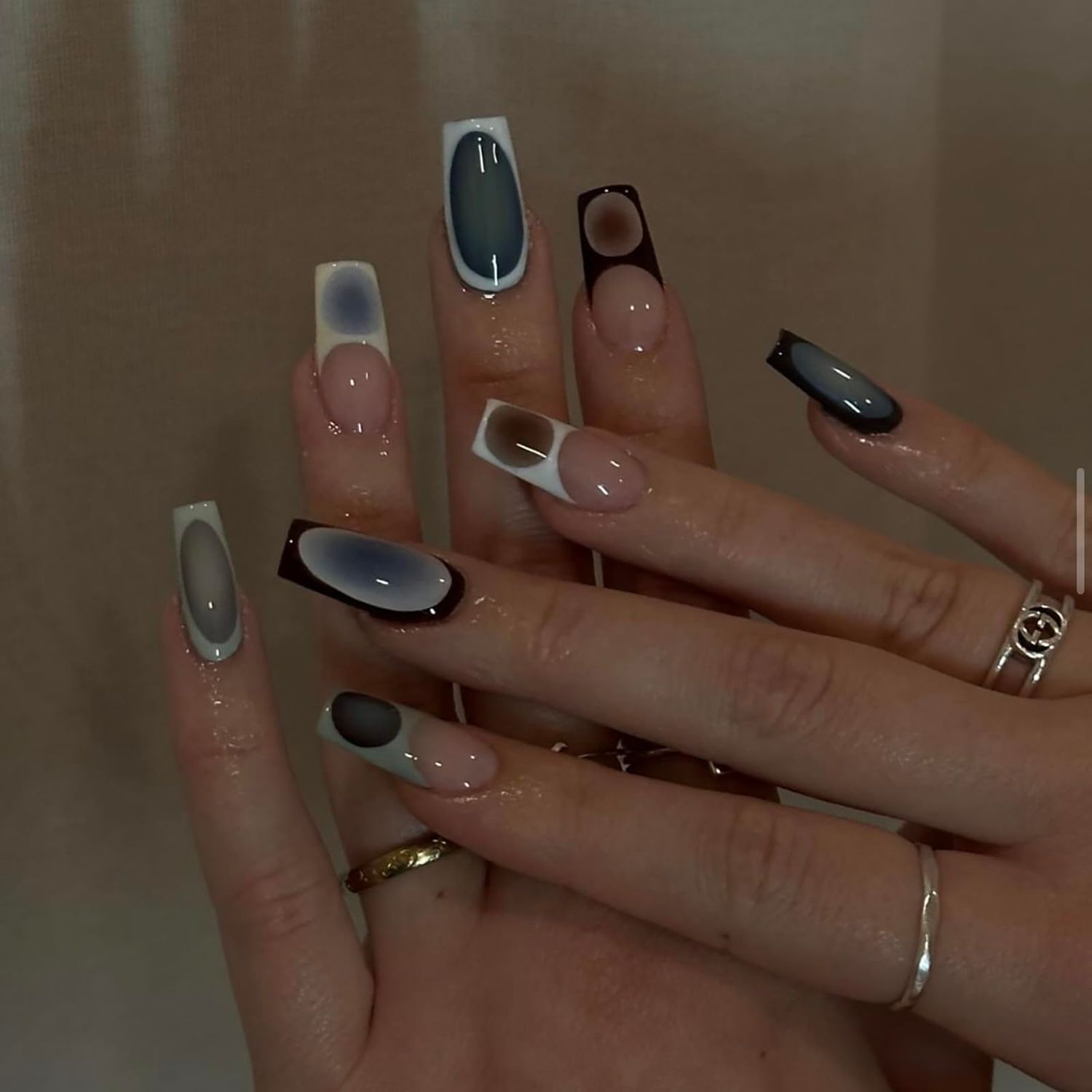 SINHOT French Tip Press on Nails Long Square Fake Nails Blue Chrome Acrylic Nails Glossy Glue on Nails Squoval Artificial Nails Stick on False Nails with Design 24 pcs