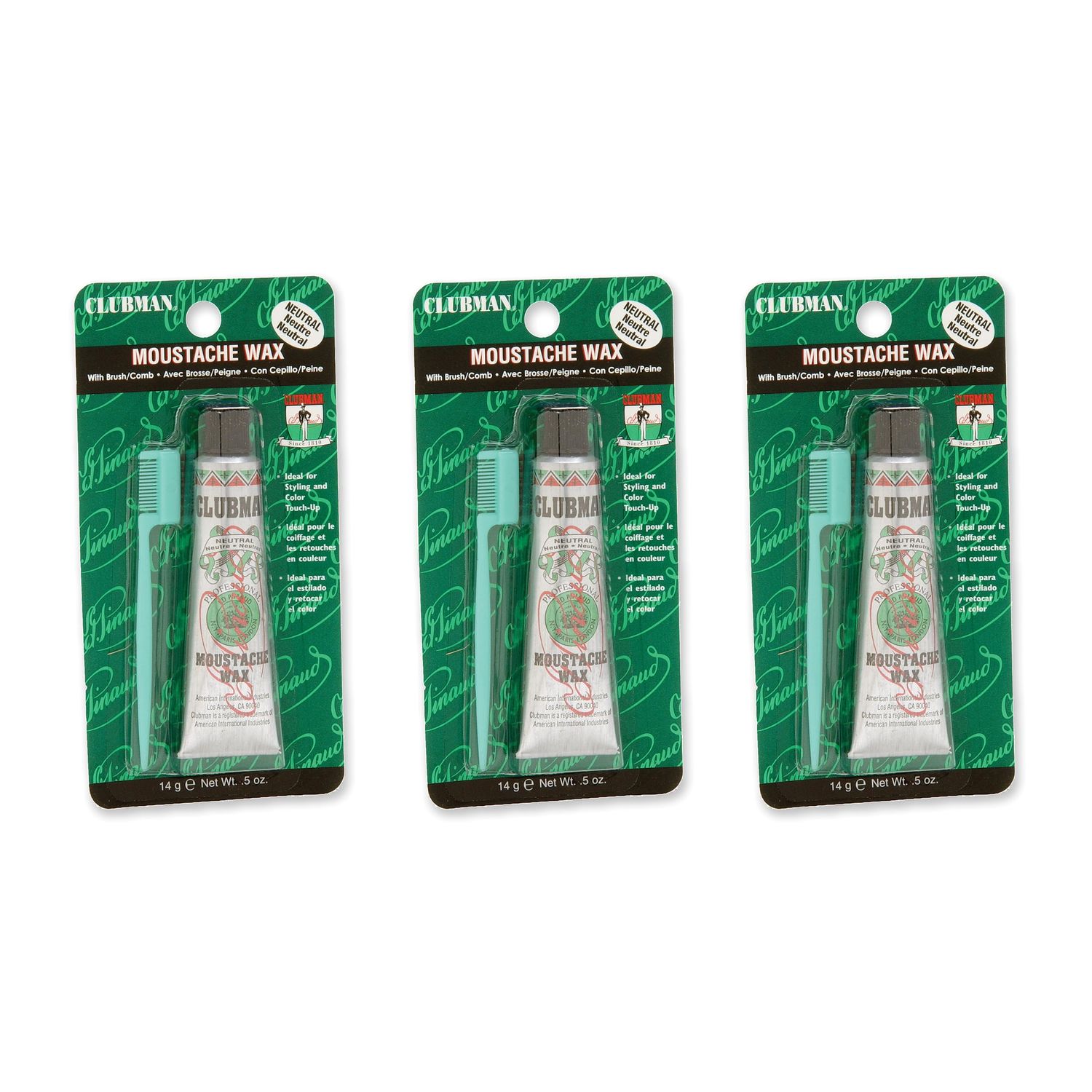 Clubman Pinaud Moustache Wax with Comb Applicator, Neutral, 0.5 Oz (Pack of 3)