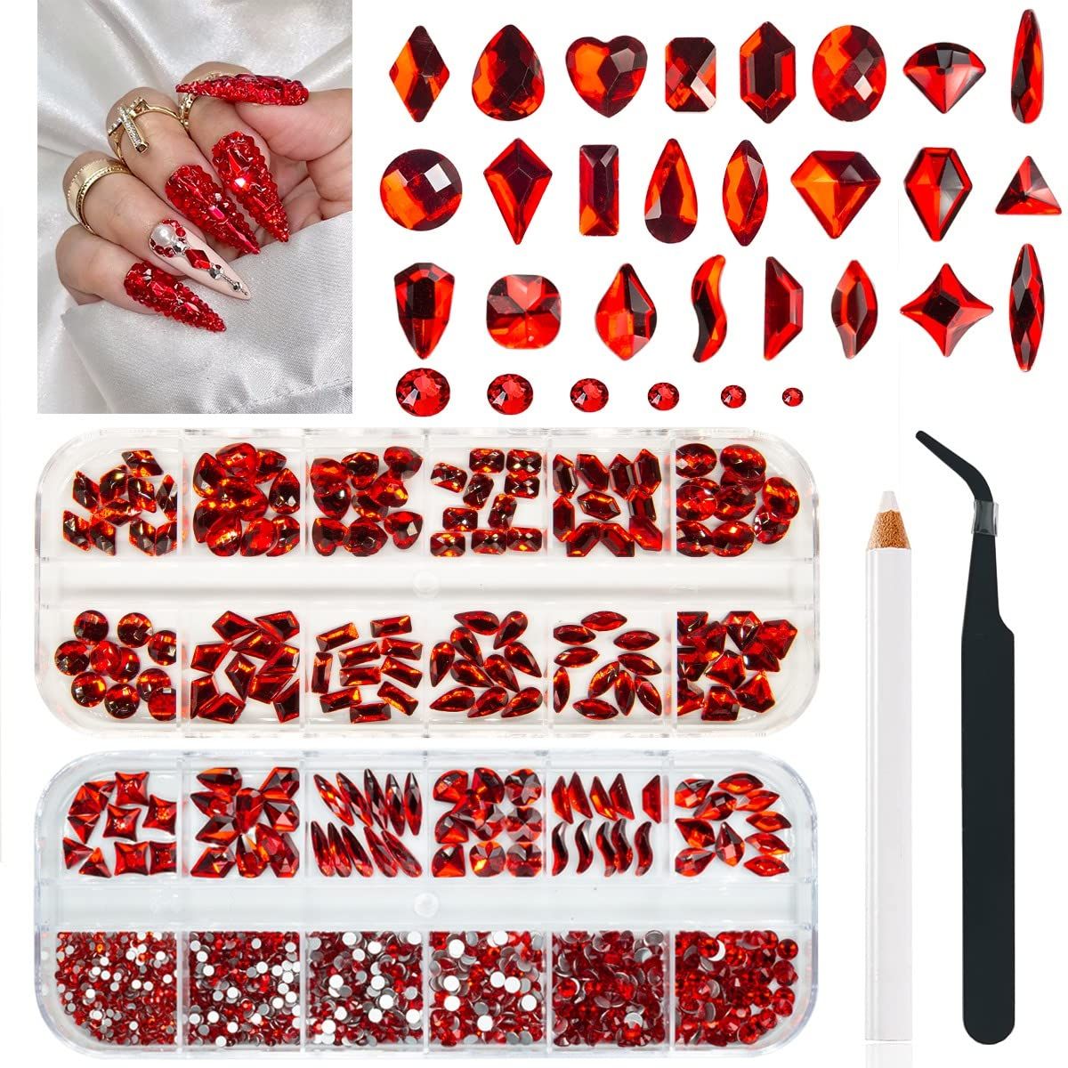 qiipii 24 Styles Ruby Red Nail Rhinestones Multi-Shapes K9 Glass Flatback Siam Red Big Gems Round Beads Stones Diamonds Jewels Crystals Nail Art Charms for Nails Face Eyes Makeup Crafts Clothes Shoes