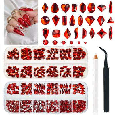 qiipii 24 Styles Ruby Red Nail Rhinestones Multi-Shapes K9 Glass Flatback Siam Red Big Gems Round Beads Stones Diamonds Jewels Crystals Nail Art Charms for Nails Face Eyes Makeup Crafts Clothes Shoes