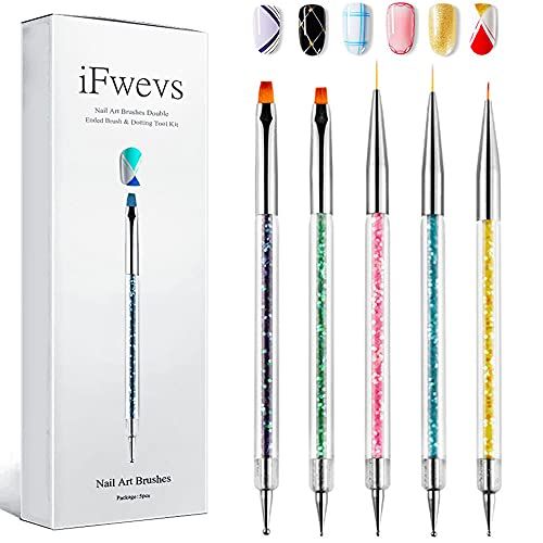 iFwevs Nail Art Brushes,5pcs Double Ended Brush &amp; Dotting Tool Kit,Including Nail Liner Brush and Nail Dotting Pens for Nail Art Nail Salon