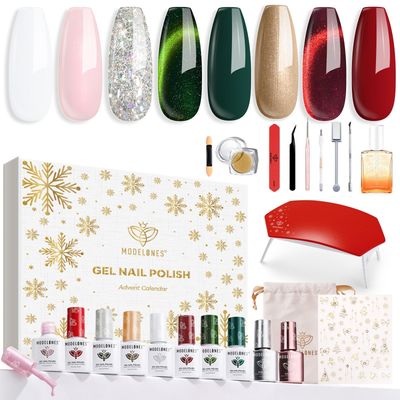 Modelones 8 Colors Gel Nail Polish Kit with U V light, Green Cat Eye Red Gold Sparkle White Glitter Pink Complete Manicure Set Nail Strengthener Base Top Coat Chrome Powder Holiday Gift for Women