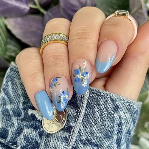 24Pcs Blue Flower Press on Nails Almond Medium Fake Nails French Tip Glue on Nails Blue Gradient Acrylic Nails Full Cover Spring Summer False Nails with Designs Flower Nails Art Decoration for Women