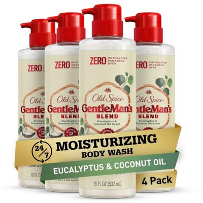 Old Spice GentleMans Exfoliating &amp; Moisturizing Body Wash for Men, 24/7 Shower Fresh with Long Lasting Scent, Renewing Vitamin B3 Blend, Eucalyptus Coconut Oil Scent, 18 oz (Pack of 4)