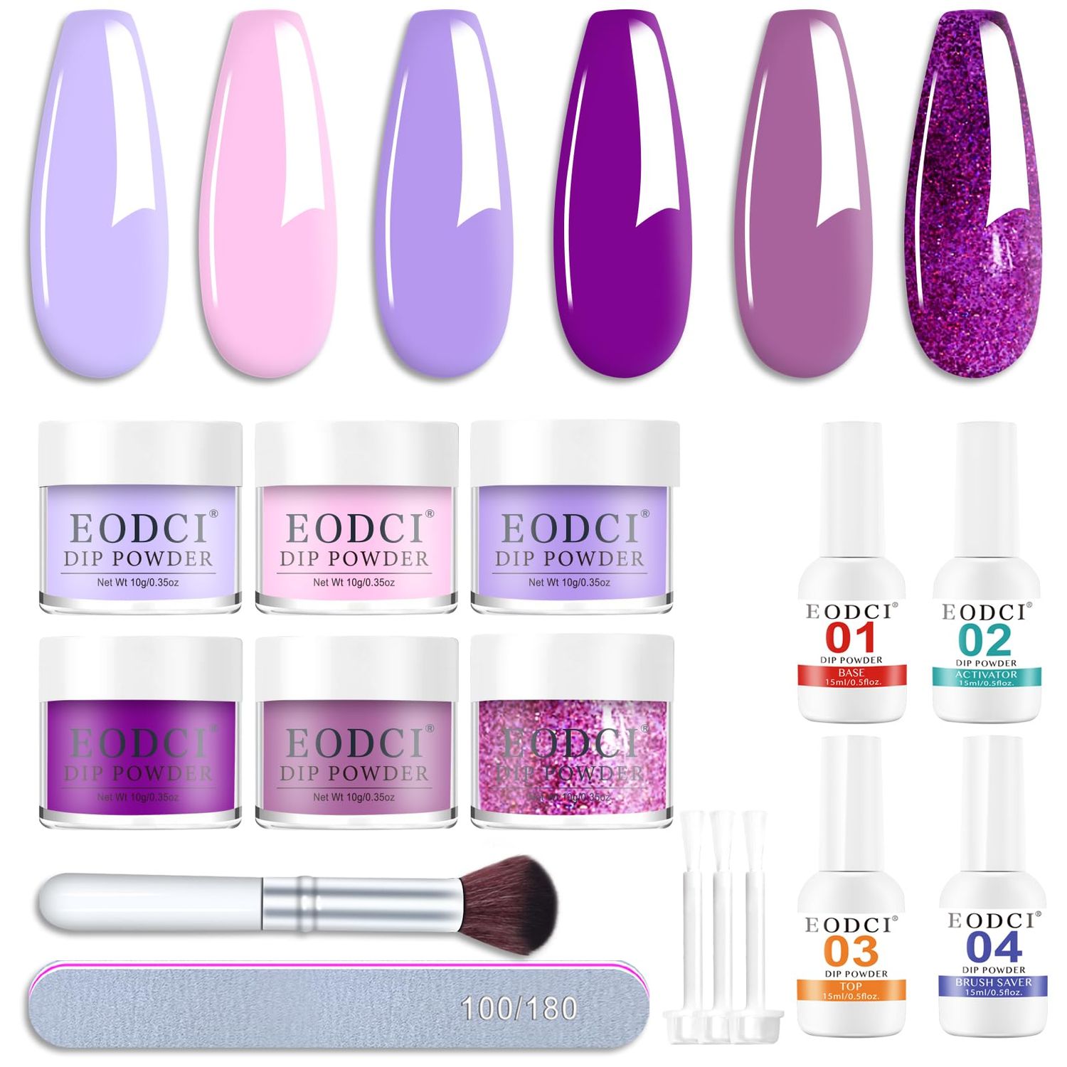 Eodci Dip Powder Nail Set, 6 Colors Purple Series 12 Pcs Dipping Powder Kit With Base &amp; Top Coat/Activator/Brush Saver,Nail Art Dip Manicure Kits Odor-Free&amp;Long-Lasting, No Needed Nail Lamp Curing
