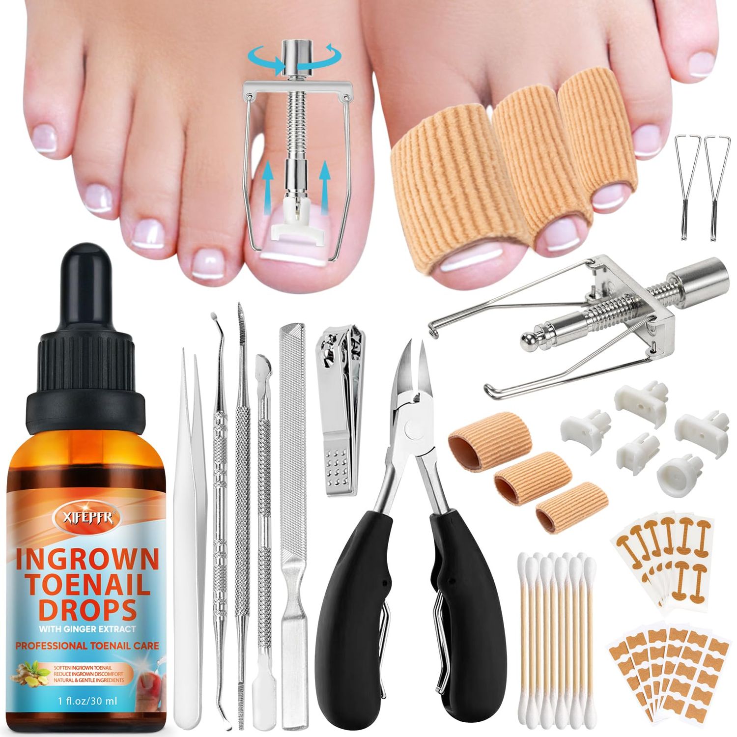 XIFEPFR Ginger Ingrown Toenail Treatment, Professional Ingrown Toenail Removal Kit at Home, Ingrown Toenail Tool with Ingrown Toenail Corrector, Corrector Patch, Toenail Clipper, Nail File Lifter