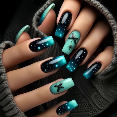 CJDLTS Dark Green Gradient Press on Nails Long Length Butterfly Pattern False Nails Glitter Artificial Acrylic Nails Full Cover French Stick on Nails Square Coffin Nails Glossy Glue on Nails for Women