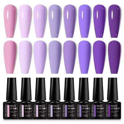 MEET ACROSS Purple Gel Nail Polish Set, 8 Colors Purple Pastel Pink Lavender Gel Polish Soak Off Grape Lilac Violet Gel Nail Art Manicure DIY Salon