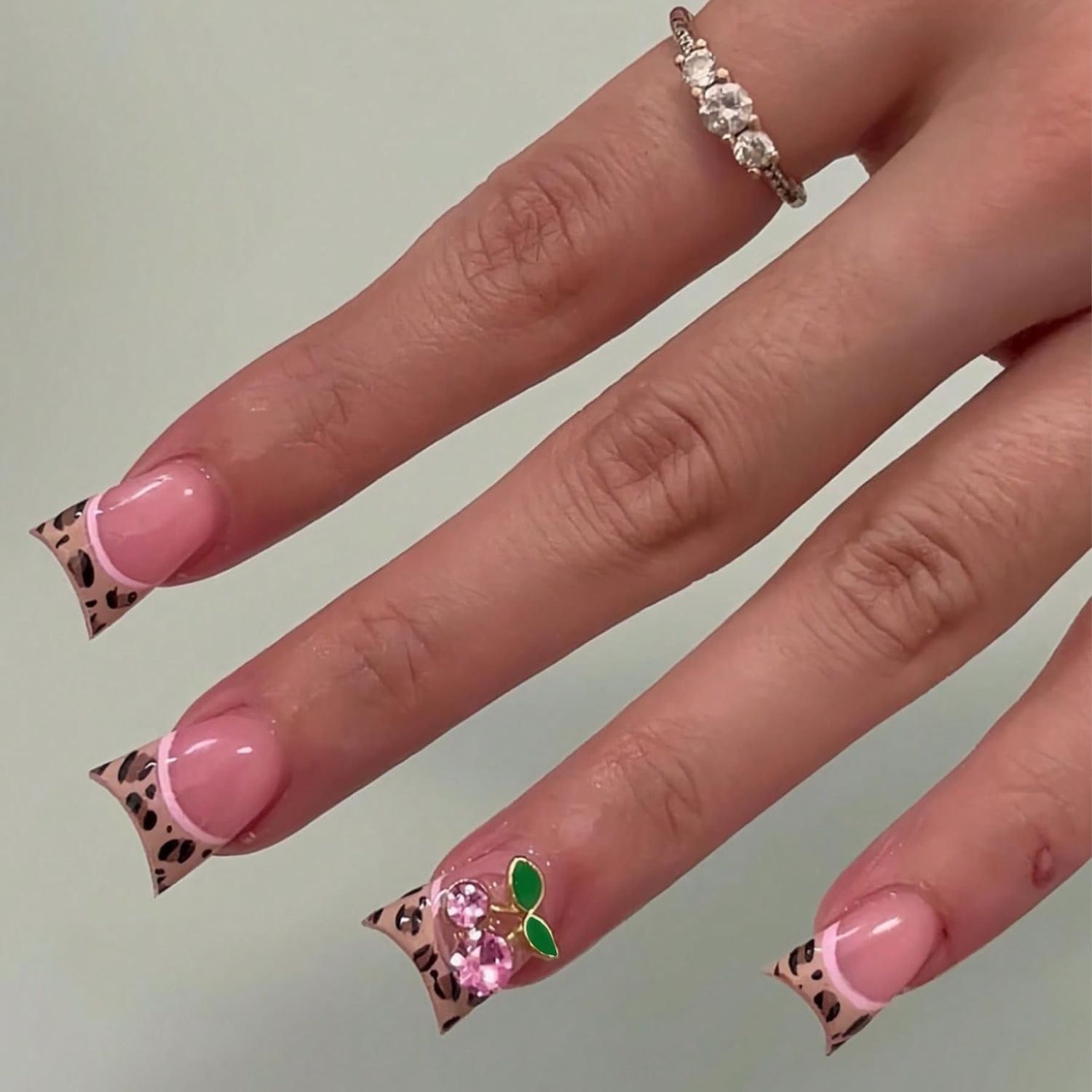 Duck Press on Nails French Tip Fake Nails with Designs Glossy Fall Brown False Nails Cheetah Print Nails Press on Acrylic Nails Pink Leopard Y2K Glue on Nails Medium 3D Cherry Stick on Nails for Women