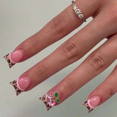 Duck Press on Nails French Tip Fake Nails with Designs Glossy Fall Brown False Nails Cheetah Print Nails Press on Acrylic Nails Pink Leopard Y2K Glue on Nails Medium 3D Cherry Stick on Nails for Women