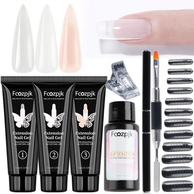 Fcozpjk Poly Extension Gel Nail Kit, Clear White Pink Builder Nail Gel Kit With Slip Solution Dual Nail forms, Nail Clips for Poly Gel, Nail Starter Kit, Home Manicure Set, Nude