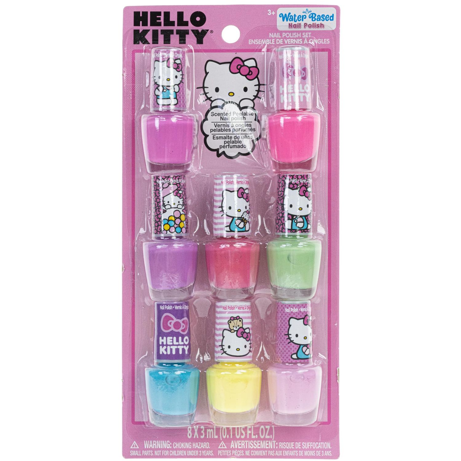 Townley Girl Hello Kitty 8 Pack Nail Polish,Water-Based, Non-Toxic, Peel-Off Set Girls Kids Ages 3, Perfect for Parties, Sleepovers &amp; Makeovers