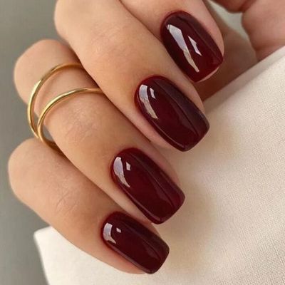 GLAMERMAID Burgundy Press on Nail Medium Square, Dark Red Handmade Jelly Soft Gel Nail Square Fake Nail, Glossy Stick Glue 0n Nail Kit for Women, Reusable Stick on Acrylic Fake Nail Manicure Set