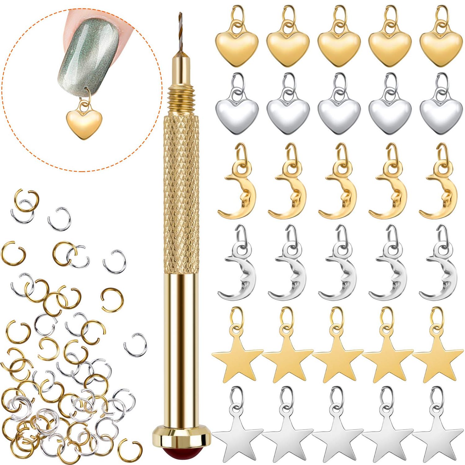 PAGOW 71 PCS Dangle Nail Art Charms, Nail Jewelry Rings with Nail Piercing Tool Hand Drill for Tips, Acrylic, Gels and Decorations