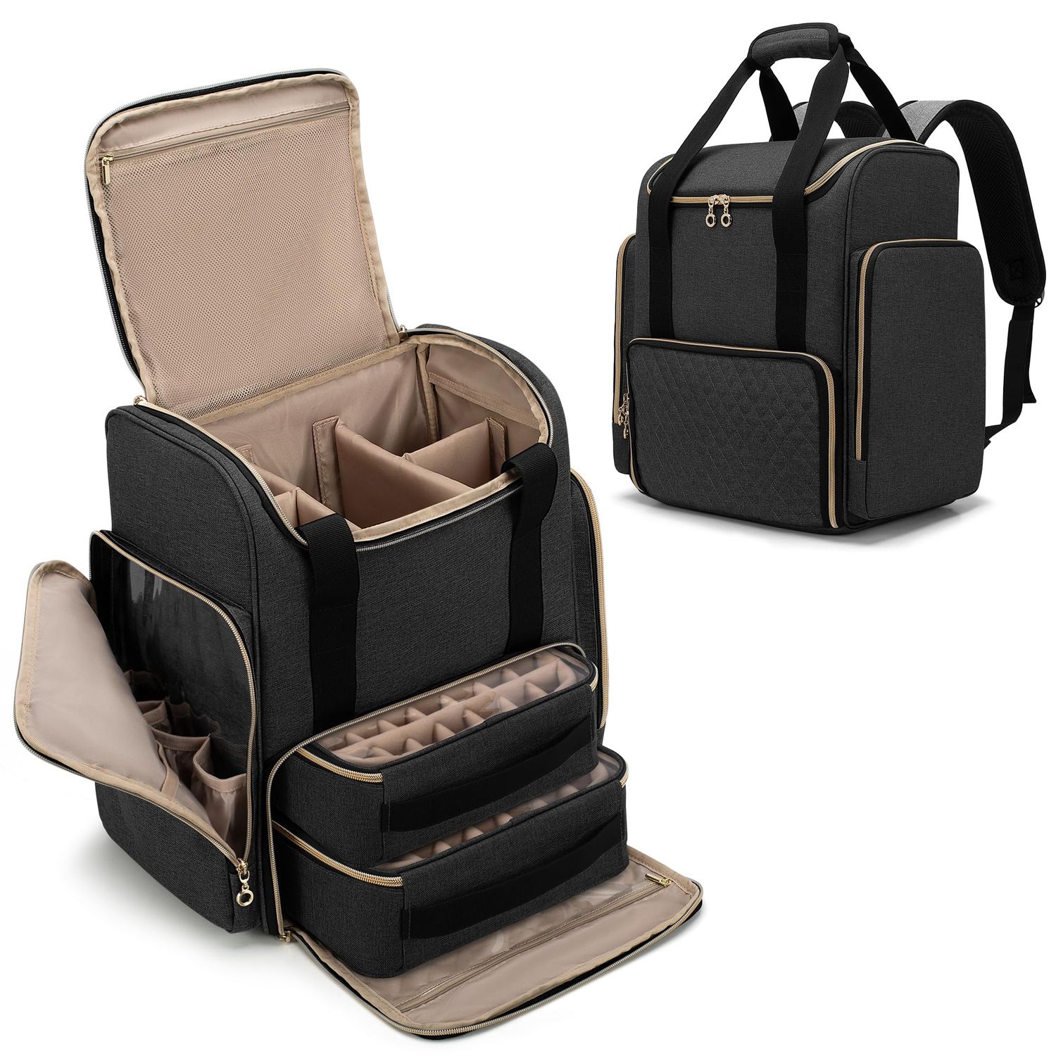 LUXJA Nail Polish Organizer Backpack Holds 70 Bottles and a Nail Lamp, Nail Polish Bag with 2 Removable Cases and Tools Storage Pockets (Patented), Black