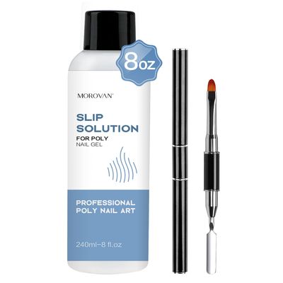 Morovan Slip Solution Poly Gel Big 8Oz 240ML Extension Nail Gel Slip Solution With Brush Anti-stick Gel Liquid Solution Bottle Cap as A Cup Poly Gel Solution Liquid Easy DIY Gel Solution at Home
