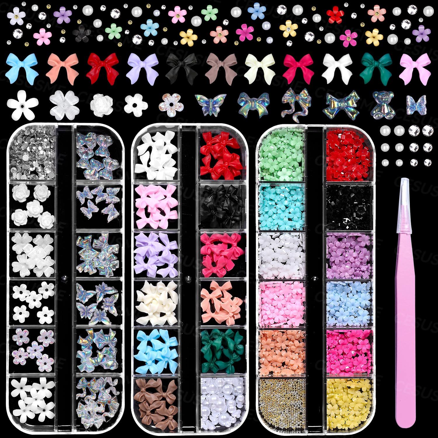 3 Boxes Bow Flower Nail Charms, 3D Color Flowers Nail Bows Charms for Nails Art, Polar Butterfly Bowknt Bear Nail Art Charms, White Rose Flower Charms for Nail Art Jewels Supplies DIY Craft